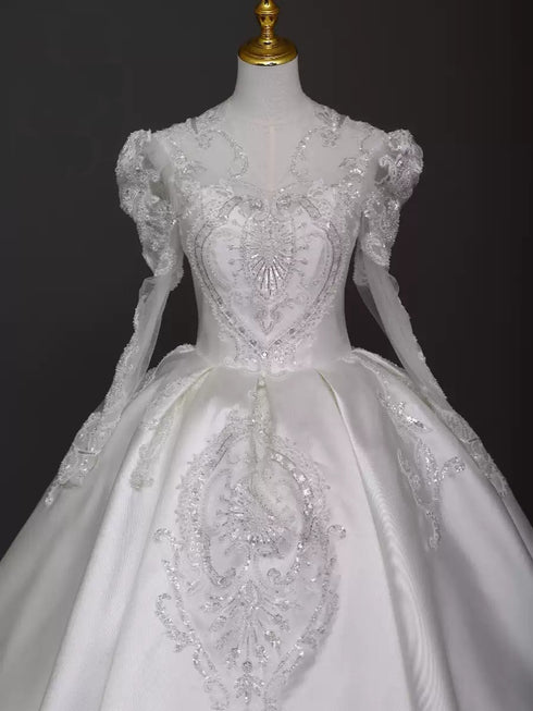 Elegant Satin Wedding Dress Long Sleeve - Vintage Ball Gown Wedding Dress - Vintage Long Sleeve Wedding Dress with Embellished Plus Size